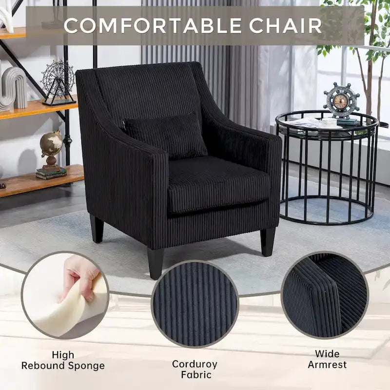 Fauteuil d'appoint moderne noir avec pieds en bois d'hévéa