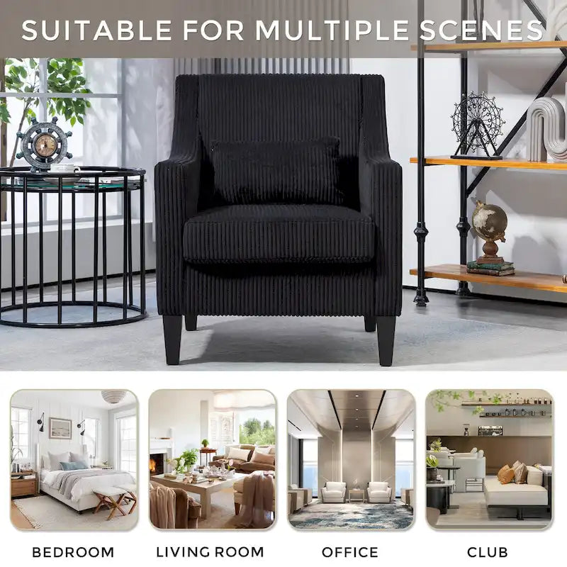 Fauteuil d'appoint moderne noir avec pieds en bois d'hévéa