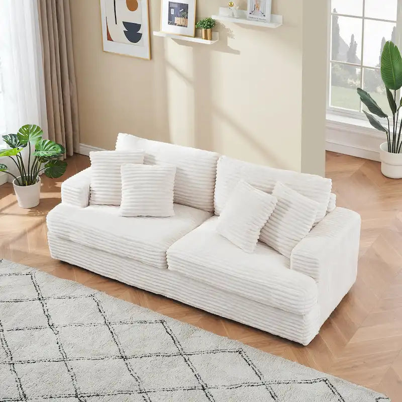 Canapé 3 places en velours côtelé de 201 cm avec 4 coussins de décoration et coussin à ressorts – Blanc