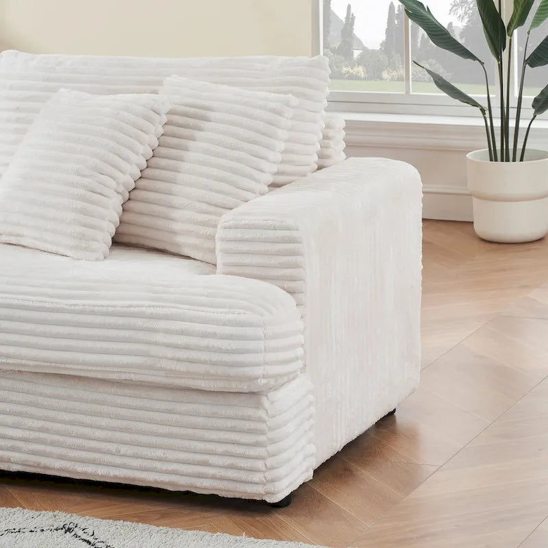 Canapé 3 places en velours côtelé de 201 cm avec 4 coussins de décoration et coussin à ressorts – Blanc