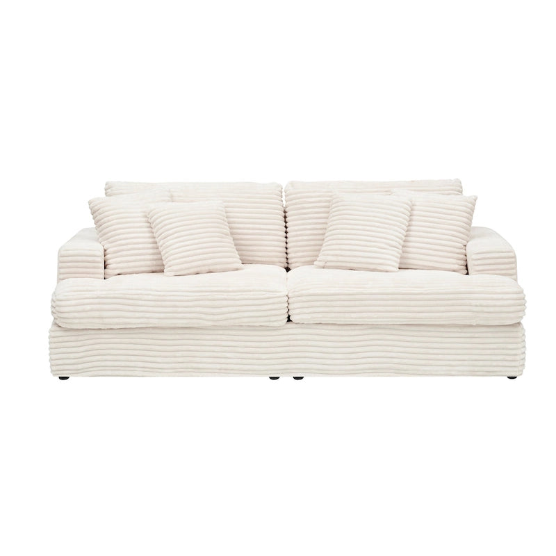 Canapé 3 places en velours côtelé de 201 cm avec 4 coussins de décoration et coussin à ressorts – Blanc