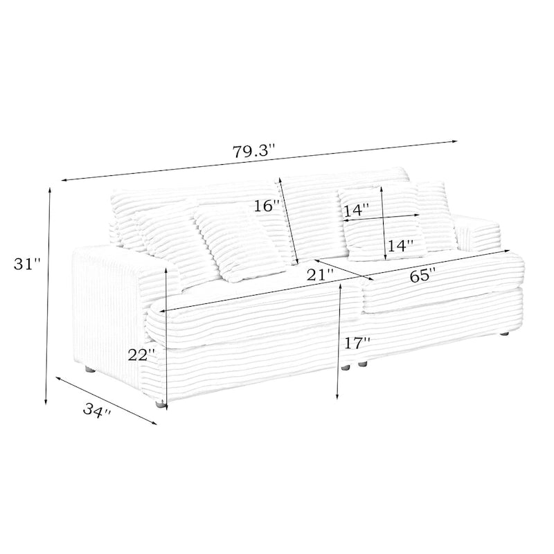 Canapé 3 places en velours côtelé de 201 cm avec 4 coussins de décoration et coussin à ressorts – Blanc