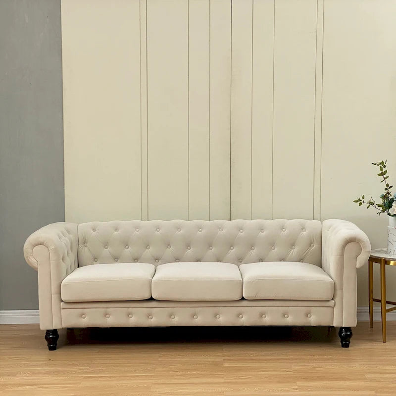 Canapé chesterfield 3 places en velours beige