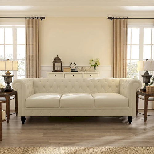Canapé chesterfield 3 places en velours beige