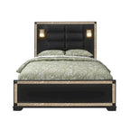 Cadre de lit Queen rembourré noir avec tête de lit lumineuse et détails en faux cristal