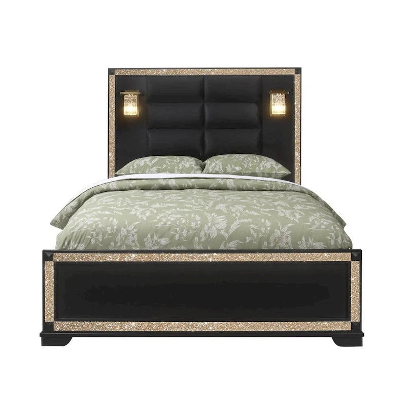 Cadre de lit Queen rembourré noir avec tête de lit lumineuse et détails en faux cristal