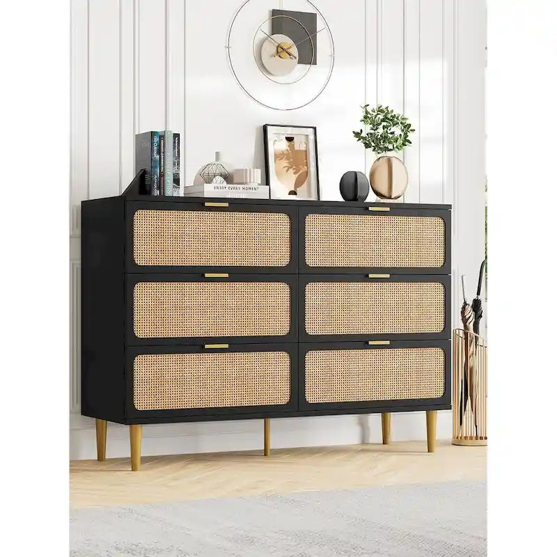 Commode 6 tiroirs avec façades en rotin