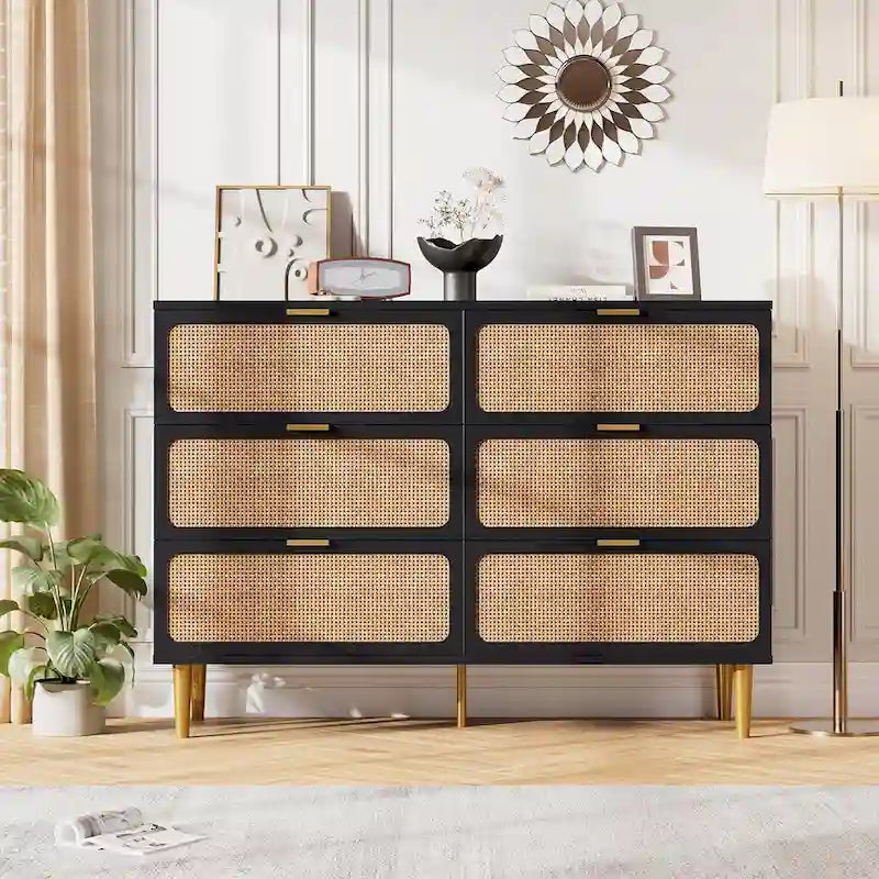 Commode 6 tiroirs avec façades en rotin