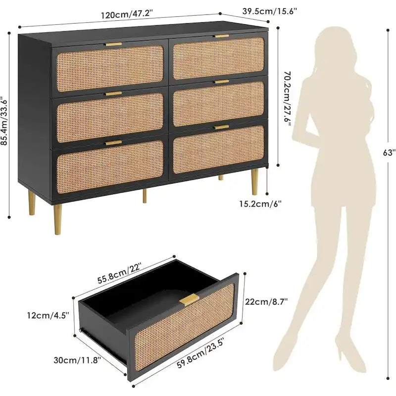 Commode 6 tiroirs avec façades en rotin