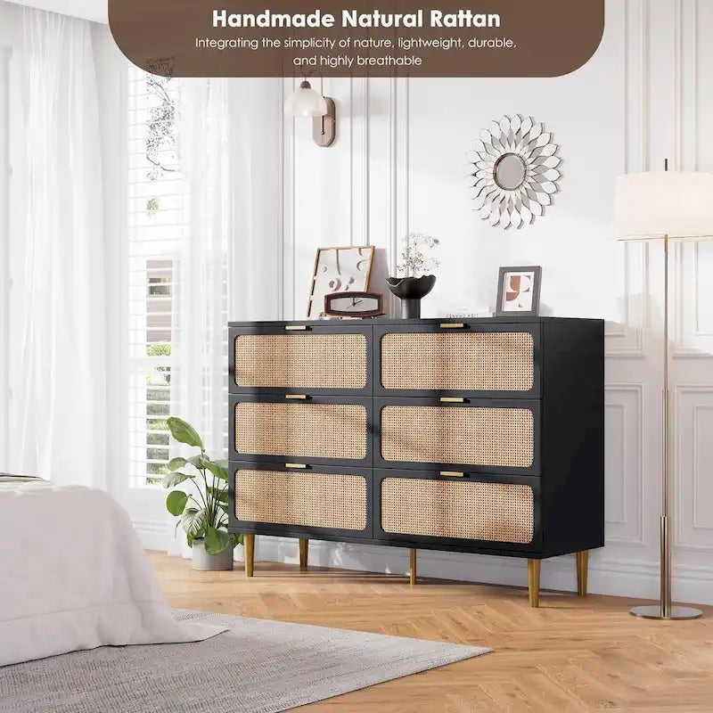 Commode 6 tiroirs avec façades en rotin