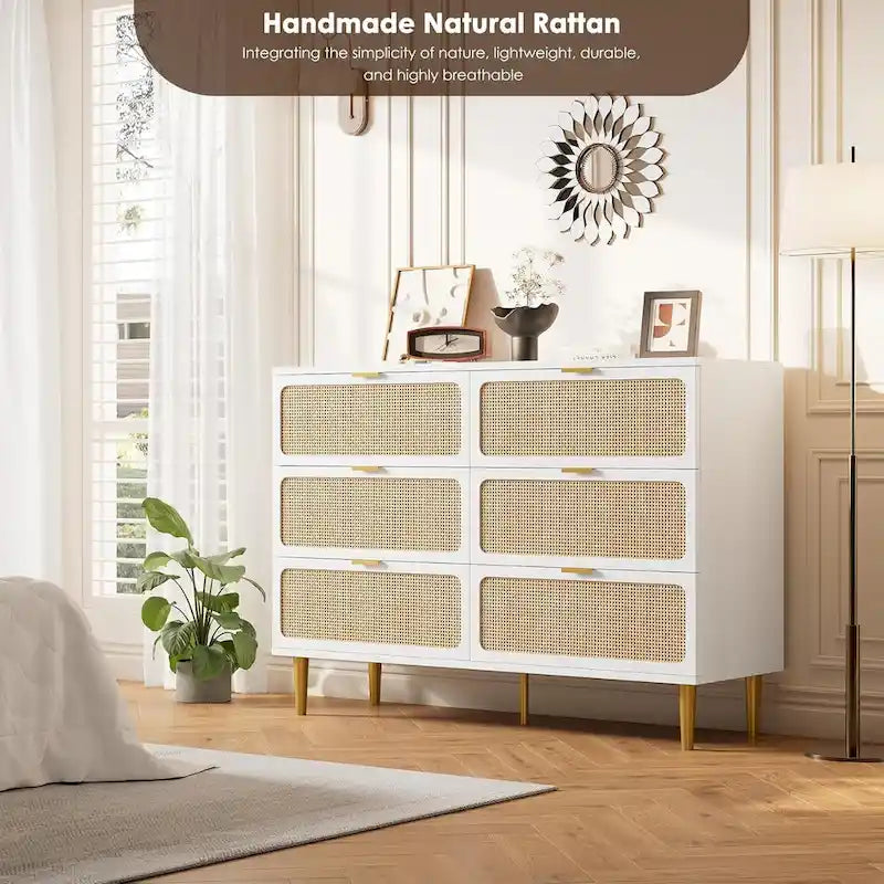 Commode 6 tiroirs avec façades en rotin