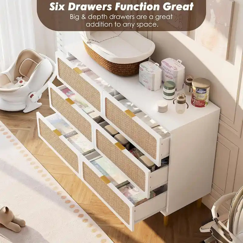 Commode 6 tiroirs avec façades en rotin