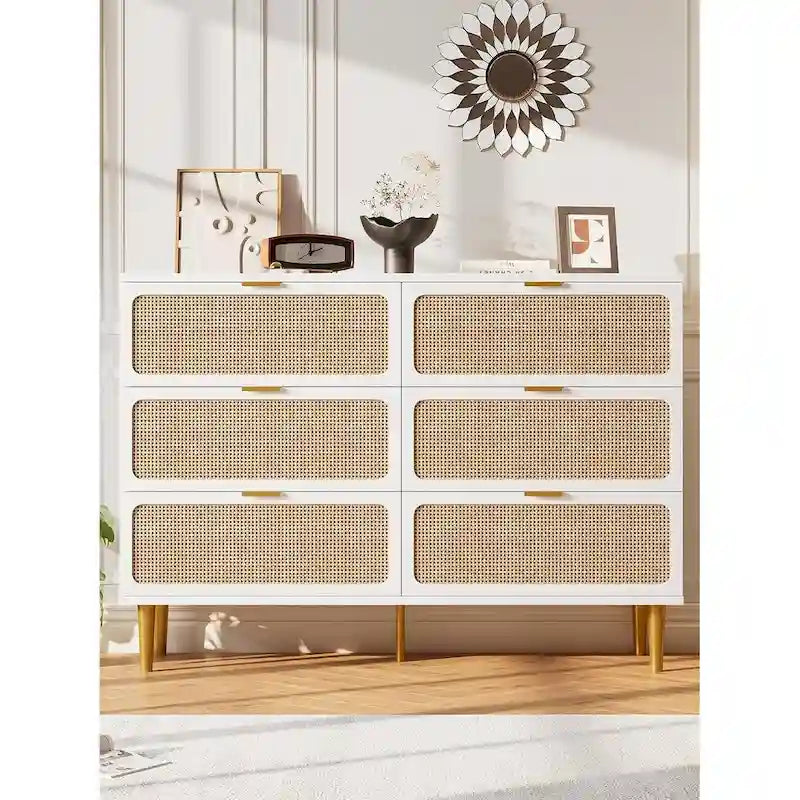 Commode 6 tiroirs avec façades en rotin