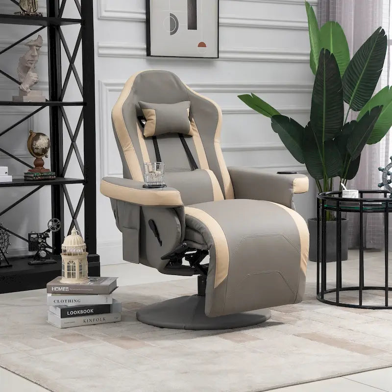 Fauteuil inclinable manuel avec repose-pieds réglable, base pivotante, porte-gobelets et poches de rangement