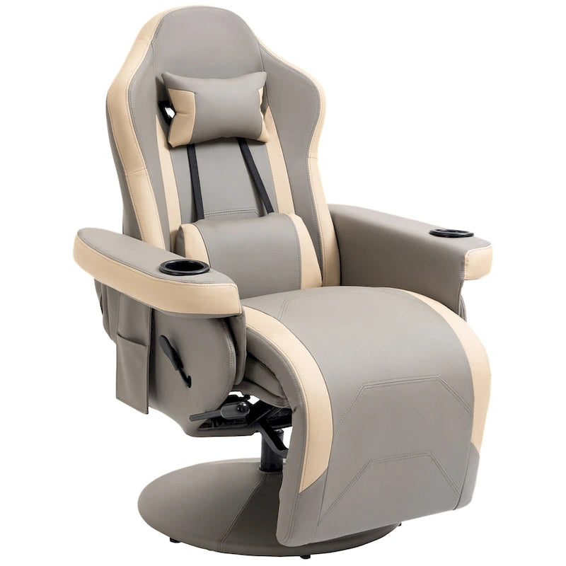 Fauteuil inclinable manuel avec repose-pieds réglable, base pivotante, porte-gobelets et poches de rangement