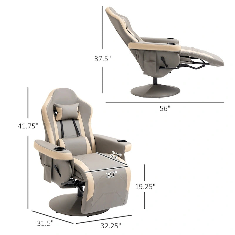 Fauteuil inclinable manuel avec repose-pieds réglable, base pivotante, porte-gobelets et poches de rangement