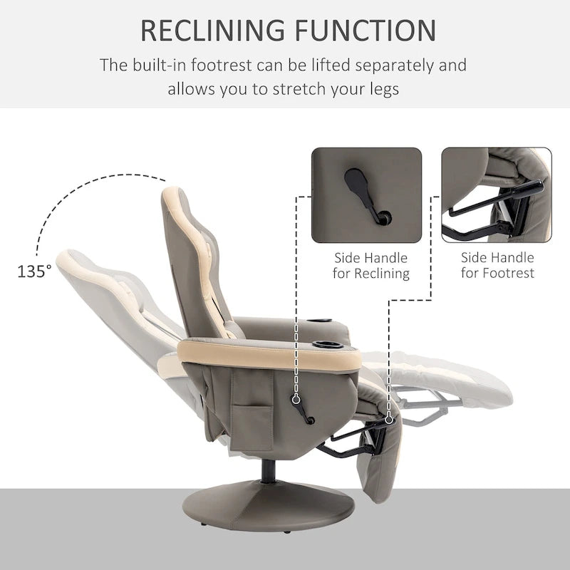 Fauteuil inclinable manuel avec repose-pieds réglable, base pivotante, porte-gobelets et poches de rangement