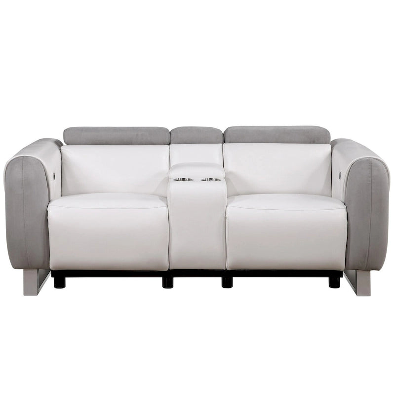Causeuse inclinable électrique de 77 po avec console de rangement – Similicuir et microfibre, gris/blanc