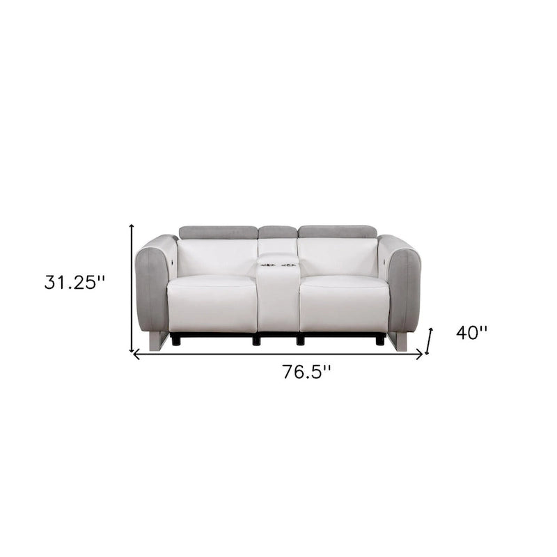 Causeuse inclinable électrique de 77 po avec console de rangement – Similicuir et microfibre, gris/blanc