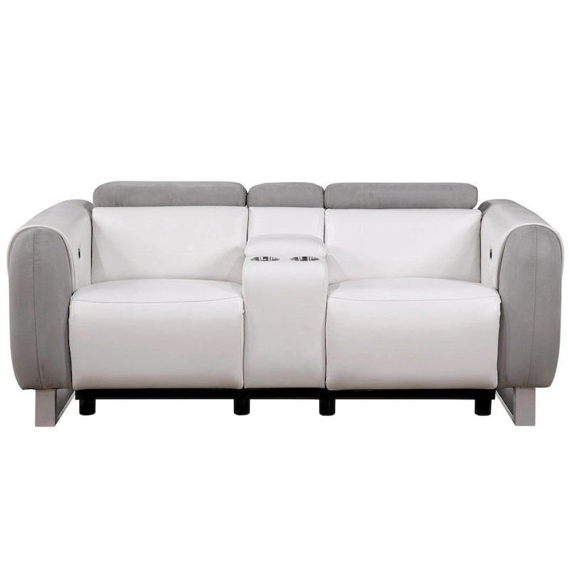 Causeuse inclinable électrique de 77 po avec console de rangement – Similicuir et microfibre, gris/blanc
