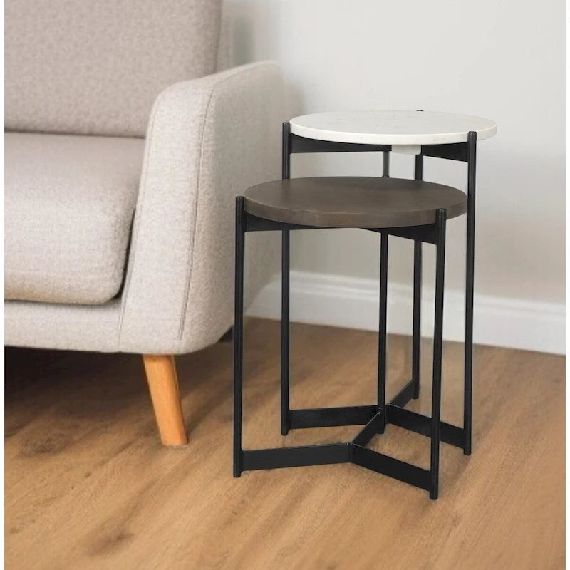 Tables d'appoint gigognes rondes (lot de 2) - Plateaux en marbre et bois massif avec base en métal