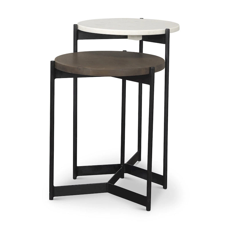 Tables d'appoint gigognes rondes (lot de 2) - Plateaux en marbre et bois massif avec base en métal