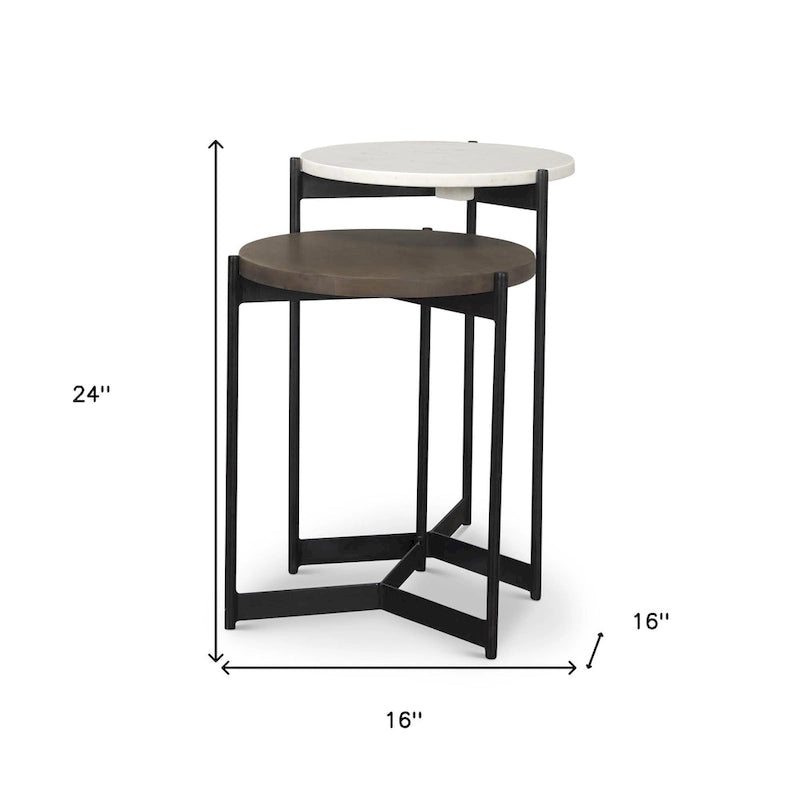 Tables d'appoint gigognes rondes (lot de 2) - Plateaux en marbre et bois massif avec base en métal