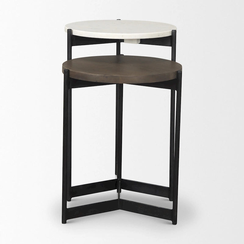 Tables d'appoint gigognes rondes (lot de 2) - Plateaux en marbre et bois massif avec base en métal