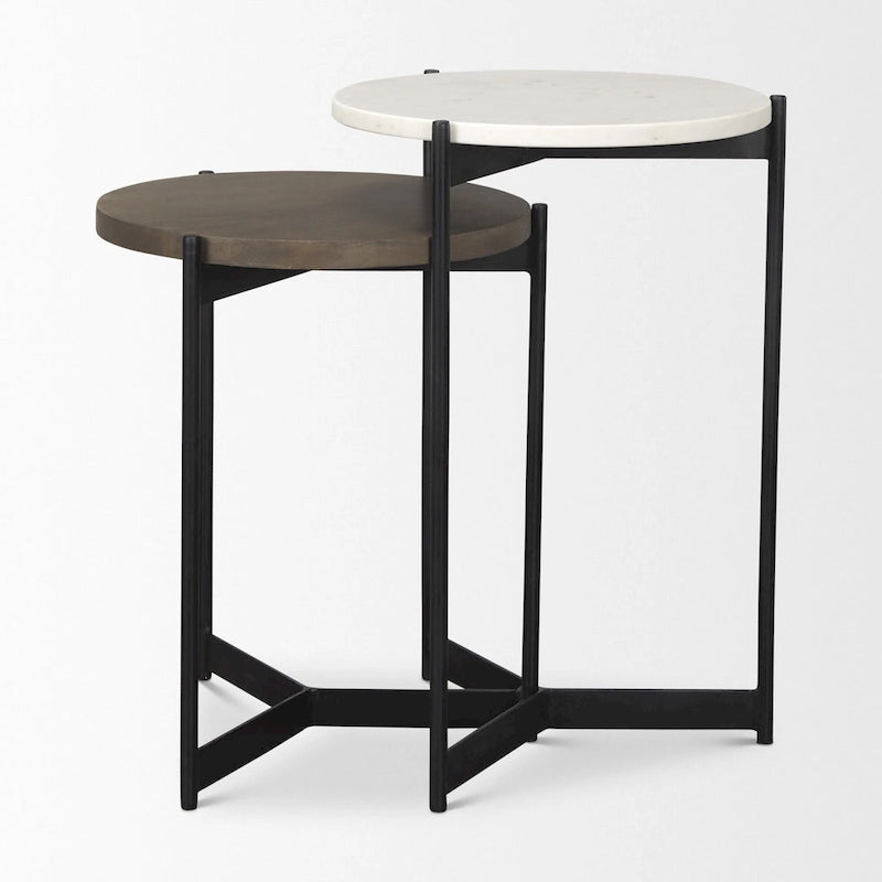 Tables d'appoint gigognes rondes (lot de 2) - Plateaux en marbre et bois massif avec base en métal