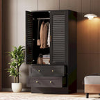 Armoire haute avec 2 portes à persiennes, tringle de suspension et 2 tiroirs