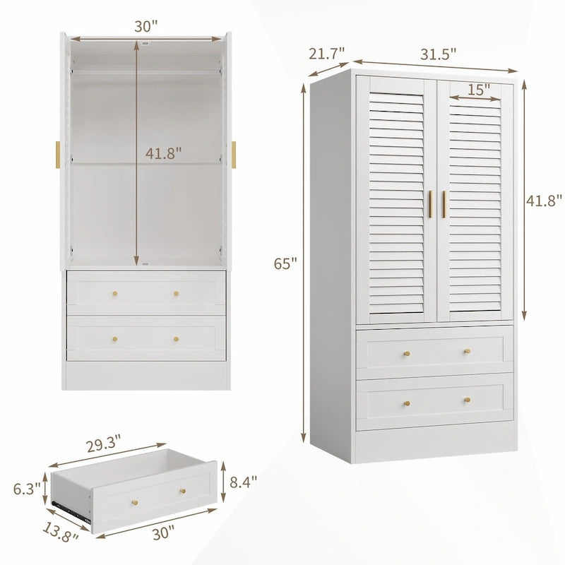 Armoire haute avec 2 portes à persiennes, tringle de suspension et 2 tiroirs
