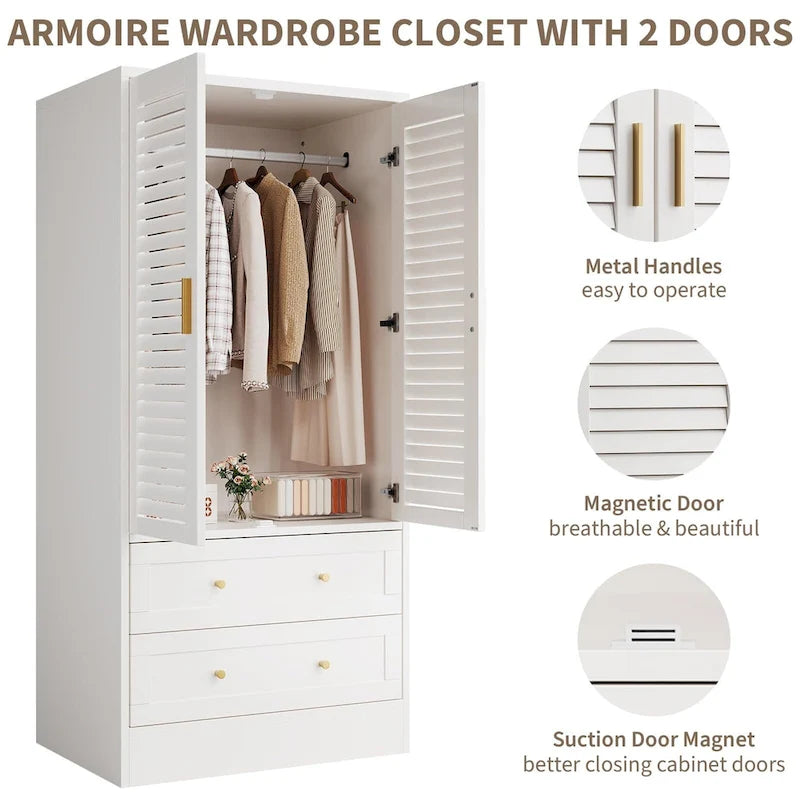 Armoire haute avec 2 portes à persiennes, tringle de suspension et 2 tiroirs