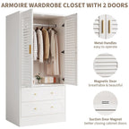 Armoire haute avec 2 portes à persiennes, tringle de suspension et 2 tiroirs