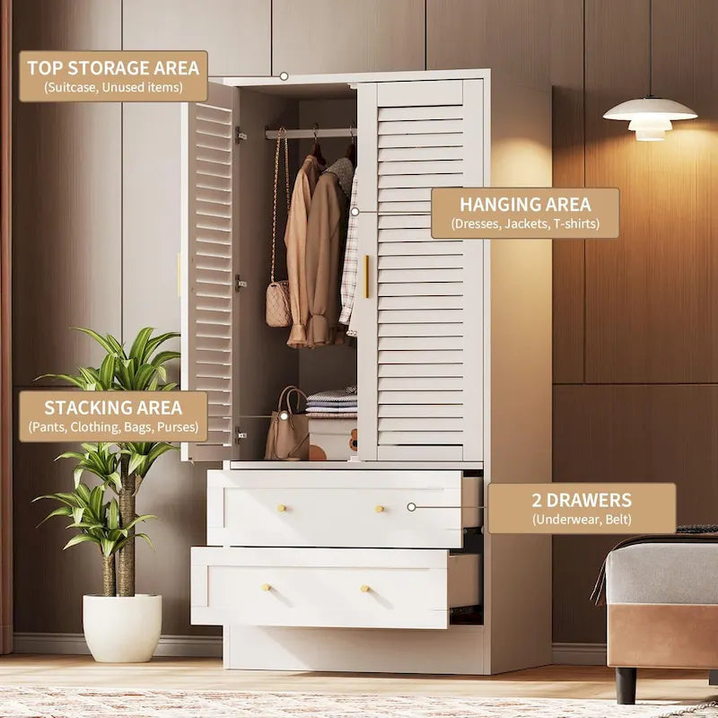 Armoire haute avec 2 portes à persiennes, tringle de suspension et 2 tiroirs