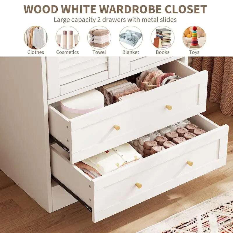 Armoire haute avec 2 portes à persiennes, tringle de suspension et 2 tiroirs