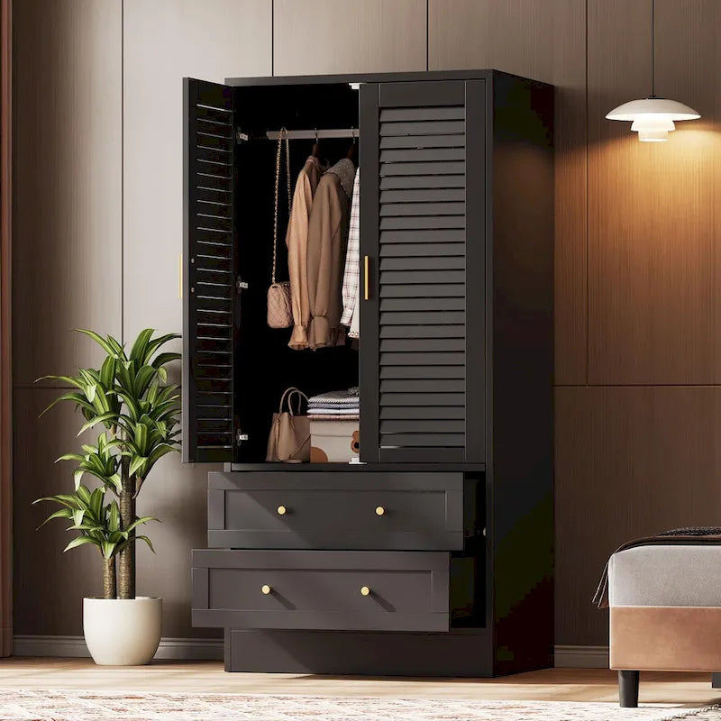 Armoire haute avec 2 portes à persiennes, tringle de suspension et 2 tiroirs