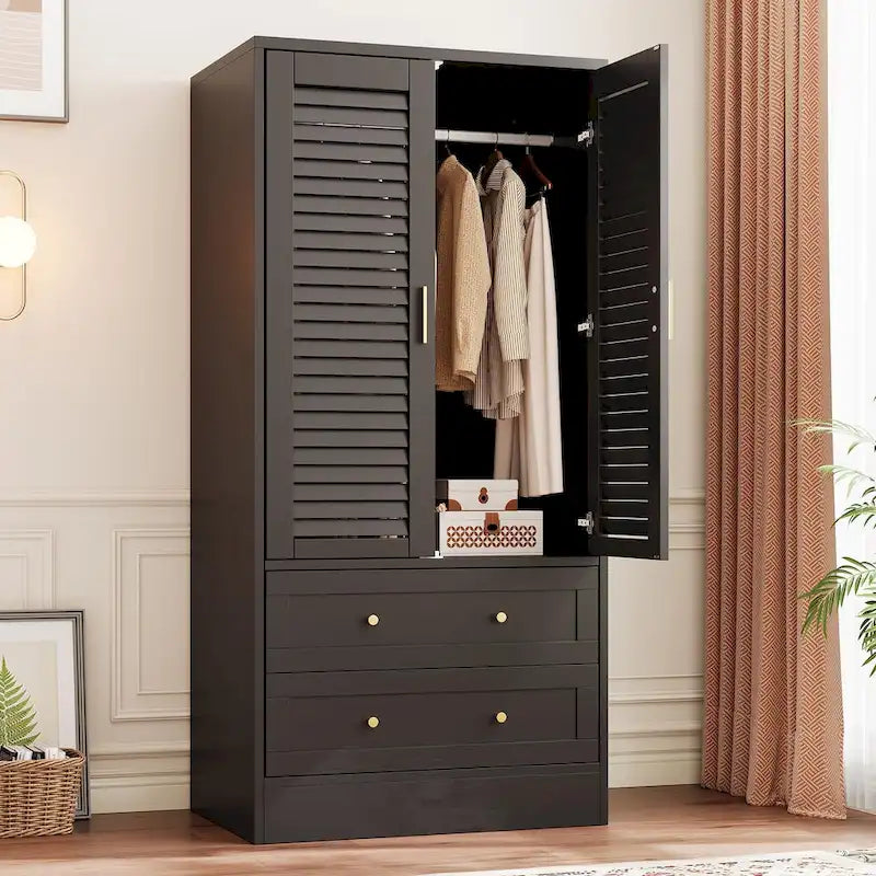 Armoire haute avec 2 portes à persiennes, tringle de suspension et 2 tiroirs