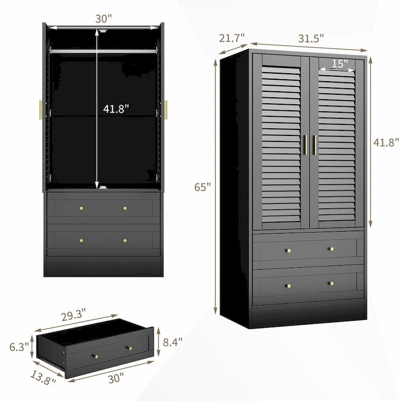 Armoire haute avec 2 portes à persiennes, tringle de suspension et 2 tiroirs
