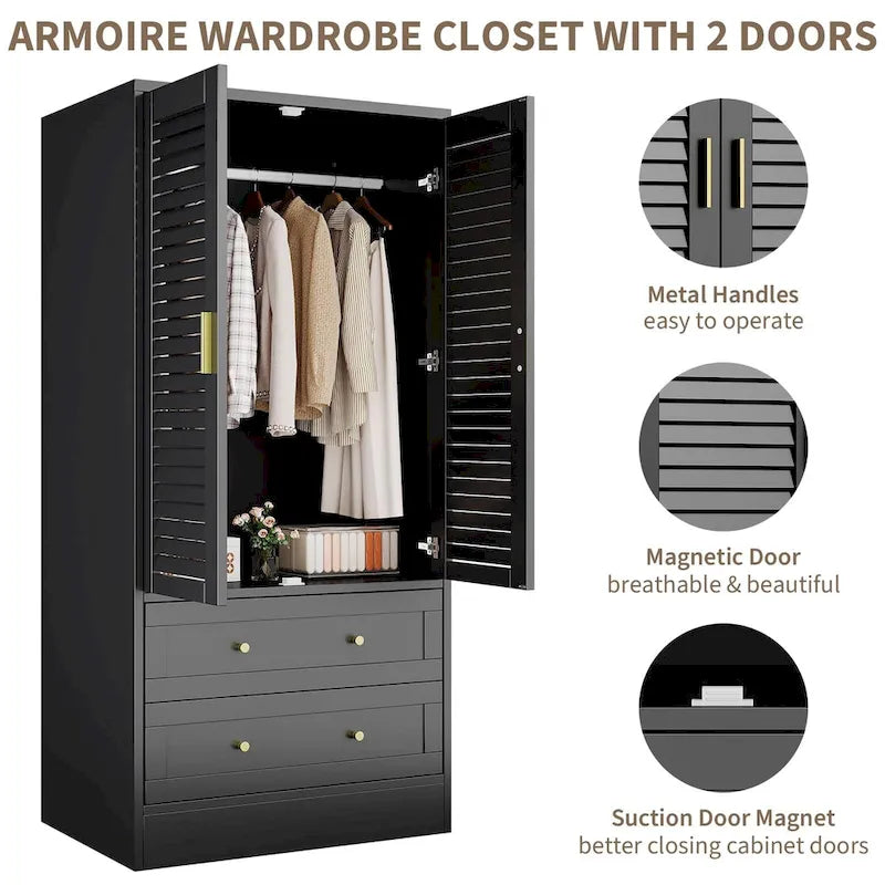 Armoire haute avec 2 portes à persiennes, tringle de suspension et 2 tiroirs