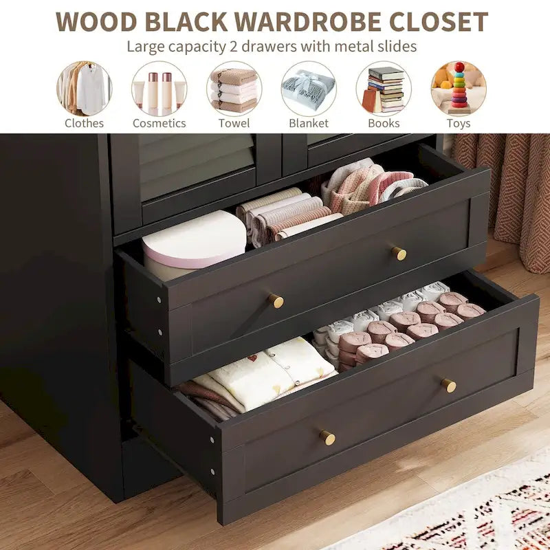 Armoire haute avec 2 portes à persiennes, tringle de suspension et 2 tiroirs
