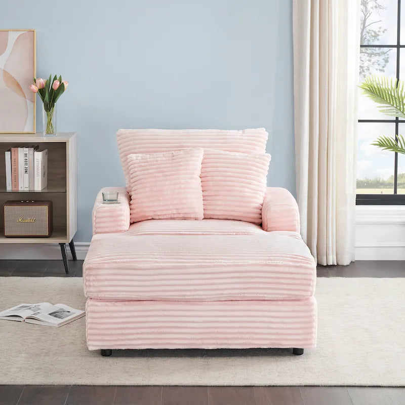 Fauteuil simple en velours côtelé rose avec pouf et porte-gobelet