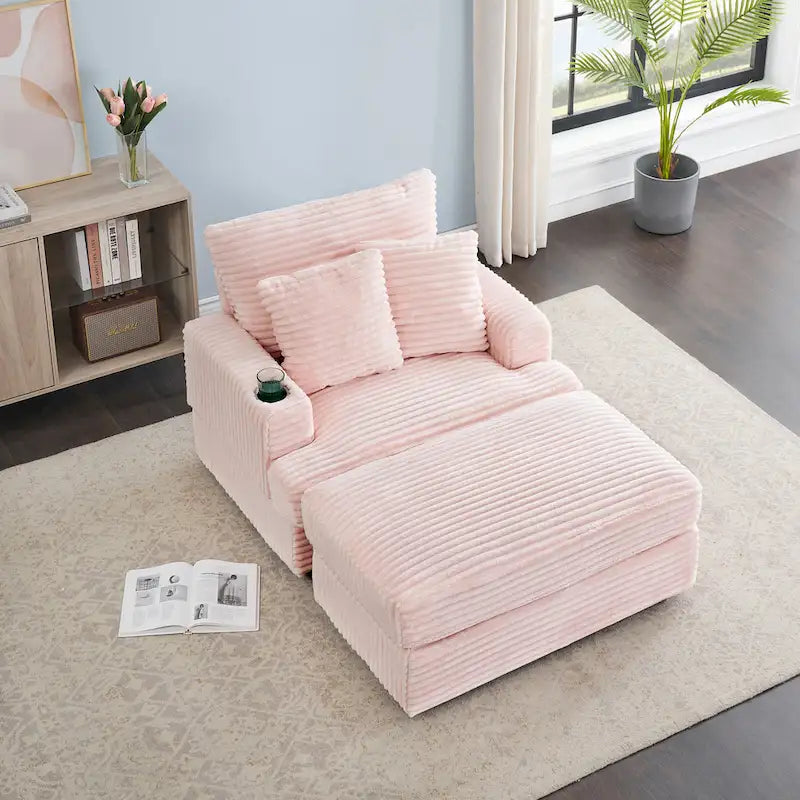Fauteuil simple en velours côtelé rose avec pouf et porte-gobelet