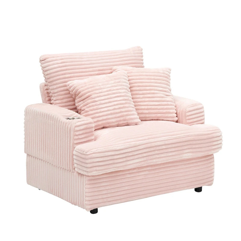 Fauteuil simple en velours côtelé rose avec pouf et porte-gobelet