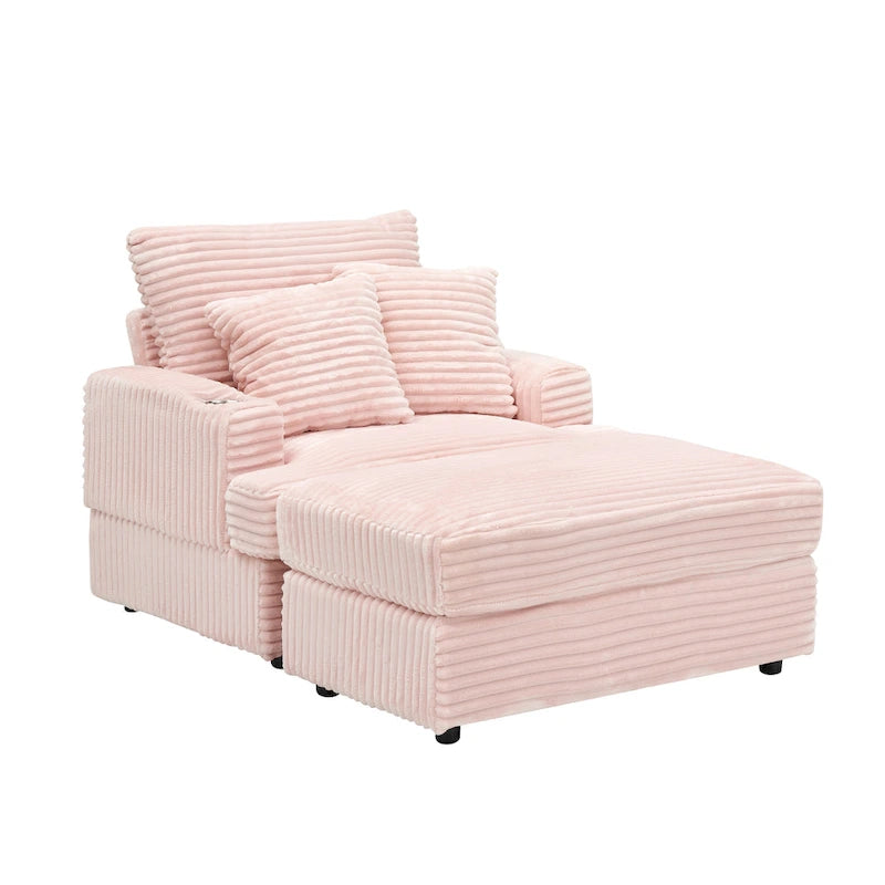 Fauteuil simple en velours côtelé rose avec pouf et porte-gobelet