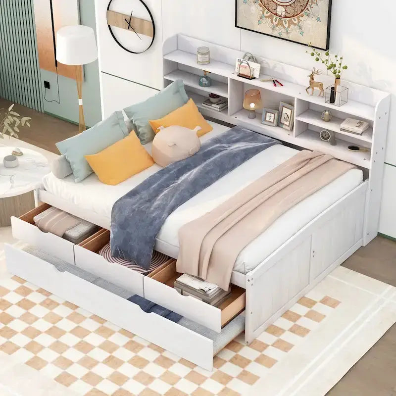 Full Pine Captain Bed with Shelves, Drawers & Trundle