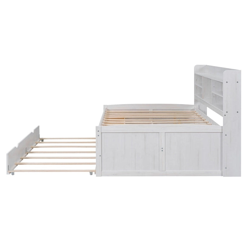 Lit capitaine double avec tête de lit bibliothèque, tiroirs de rangement et lit gigogne