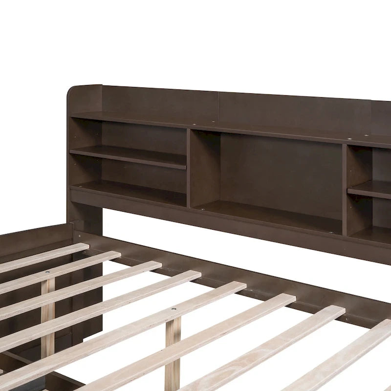 Lit capitaine double avec tête de lit bibliothèque, tiroirs de rangement et lit gigogne