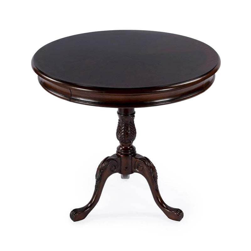 Table piédestal ronde en bois, finition merisier de plantation – Brun foncé