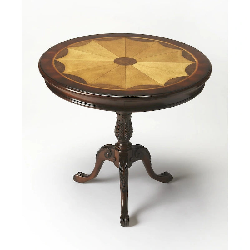 Table piédestal ronde en bois, finition merisier de plantation – Brun foncé