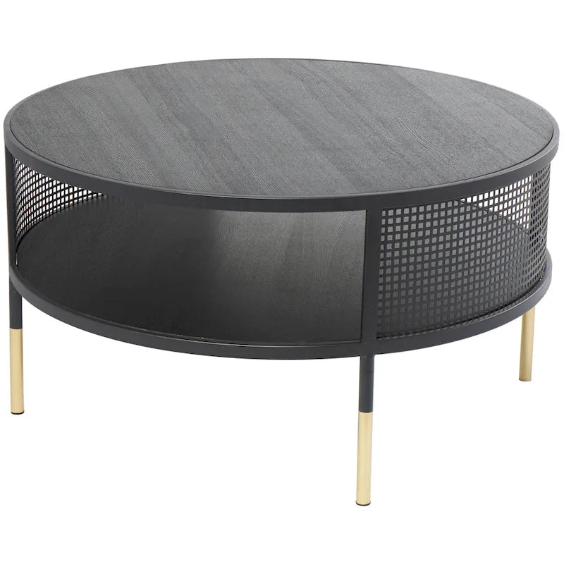 Table d'appoint ou table basse géométrique en métal à grille ouverte avec pieds dorés, noire